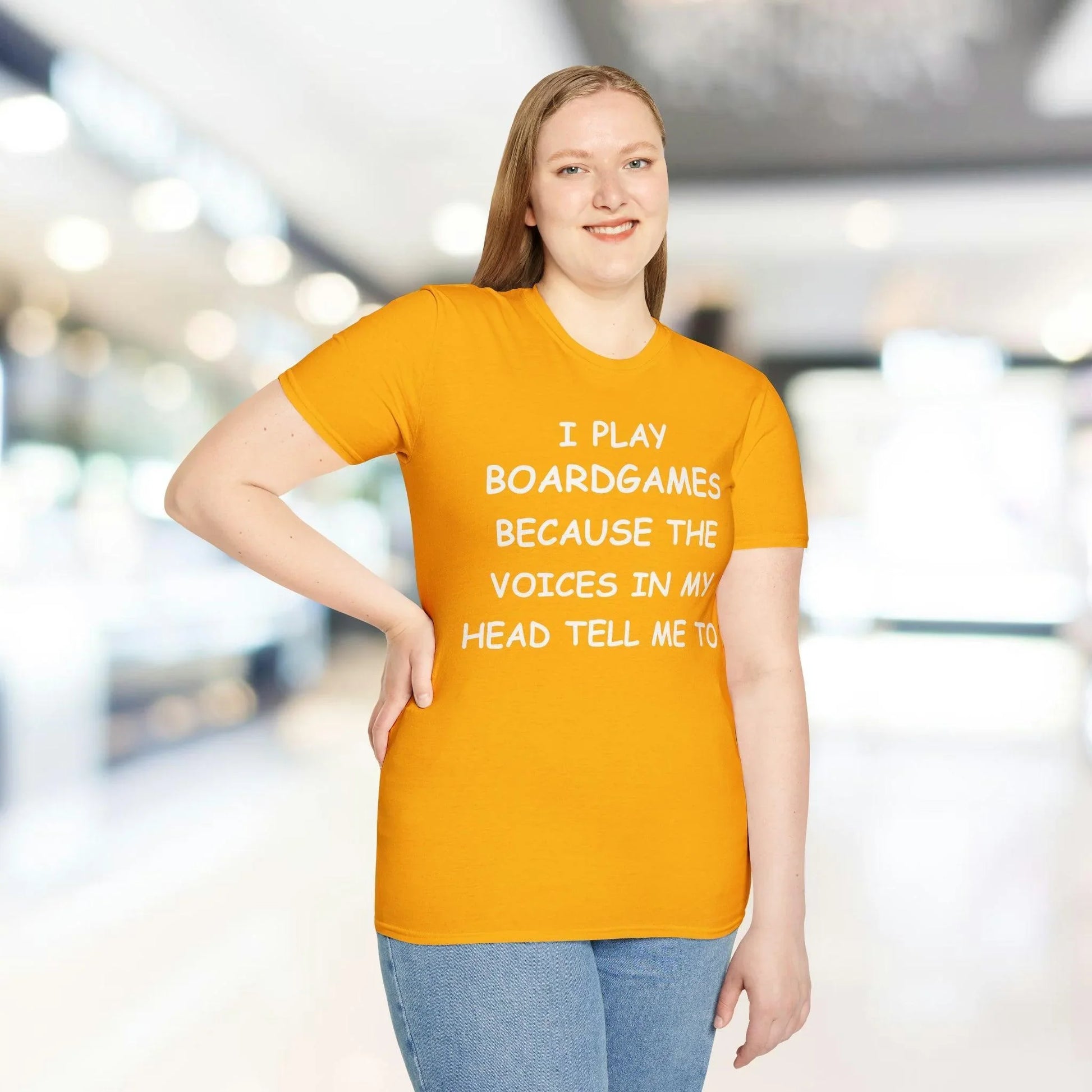 Close-up of the White I Play Boardgames T-shirt neckline showcasing soft cotton fabric and reinforced stitching detail