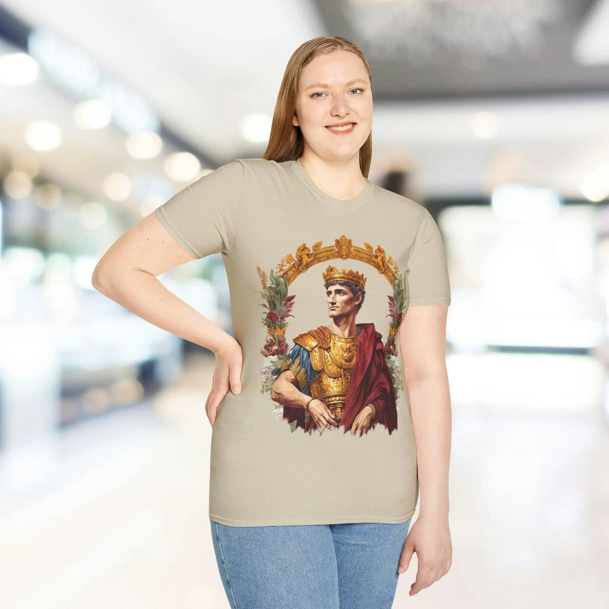 Close-up of the Ancient Emperor T-shirt's soft cotton fabric displaying subtle heather texture and relaxed fit neckline