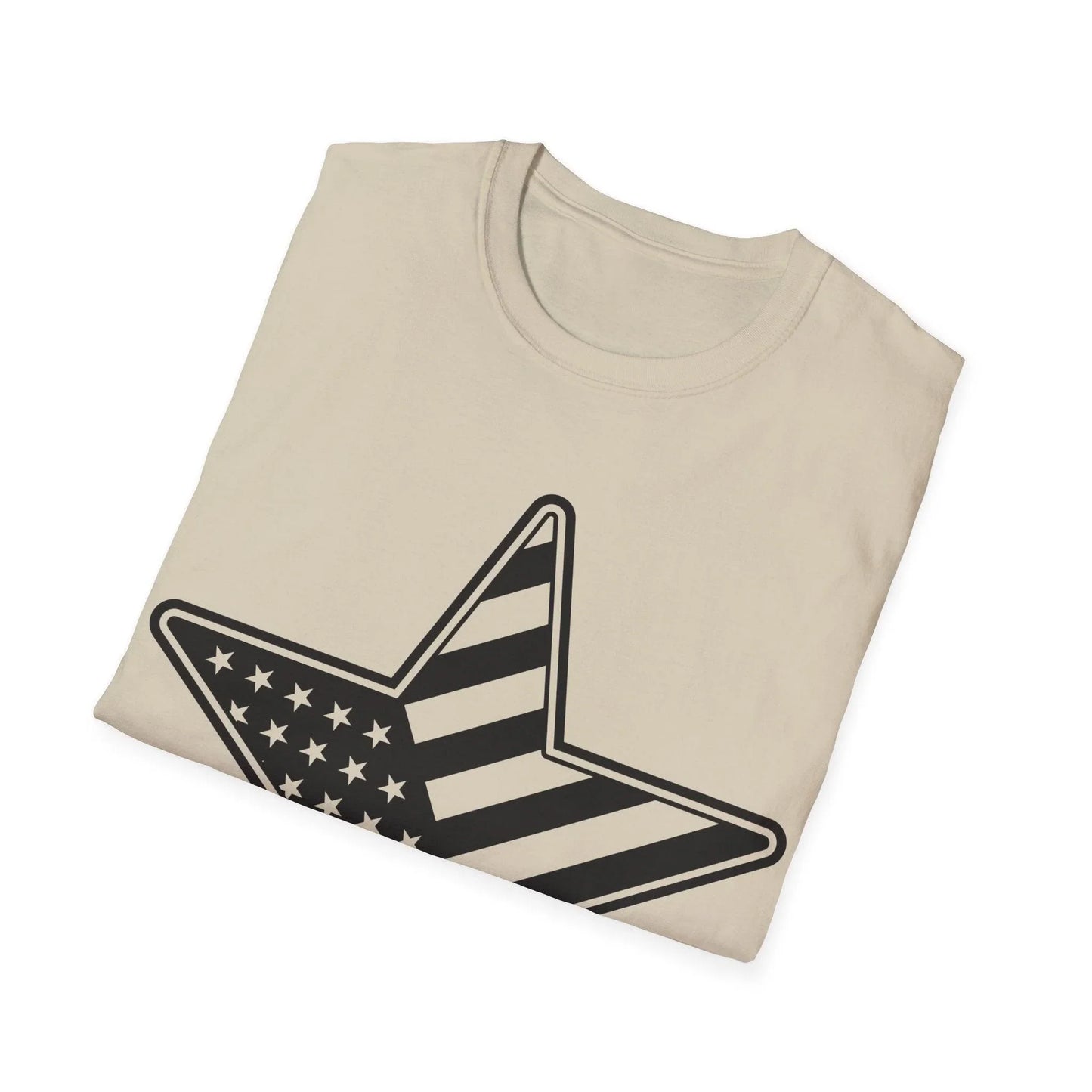 Close-up of black and white American flag star graphic on relaxed-fit unisex T-shirt’s chest, highlighting detailed star