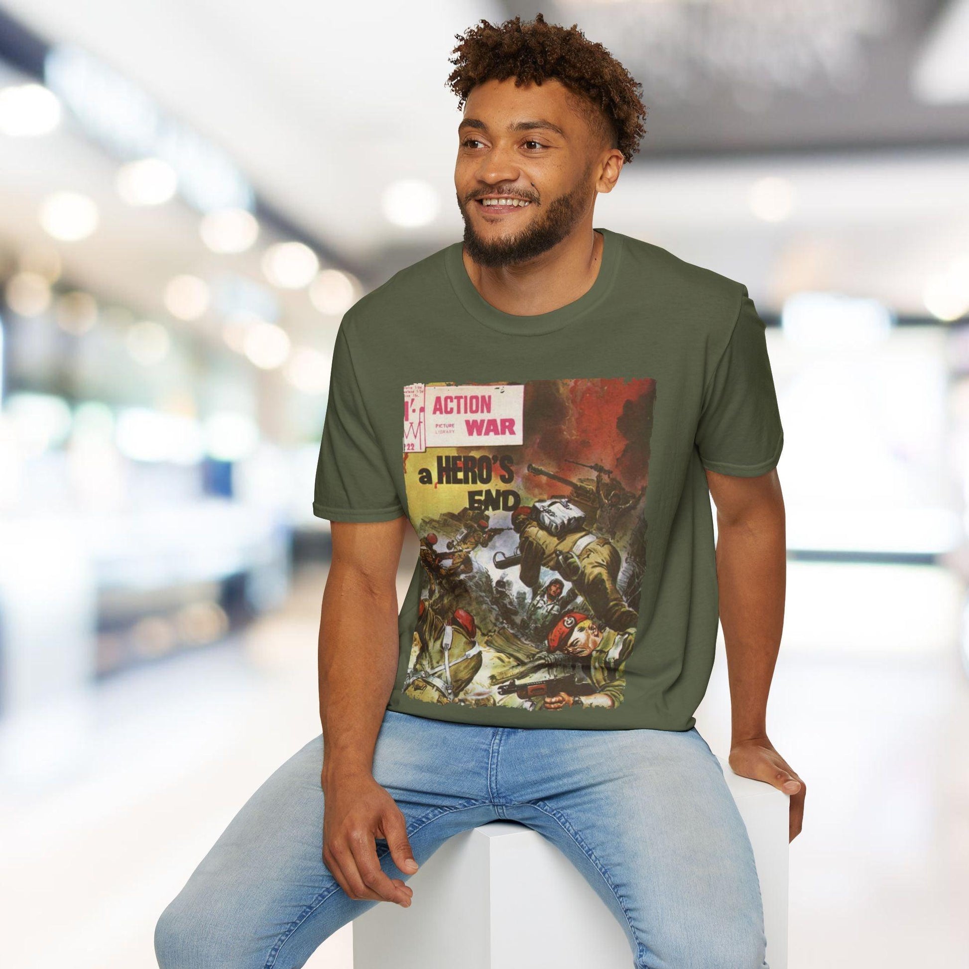 Close-up of the unisex softstyle T-shirt’s neckline featuring reinforced stitching and subtle branding tag on relaxed fit