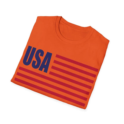 Close-up of the unisex relaxed fit T-shirt collar showing soft cotton fabric in vibrant American flag colors and subtle