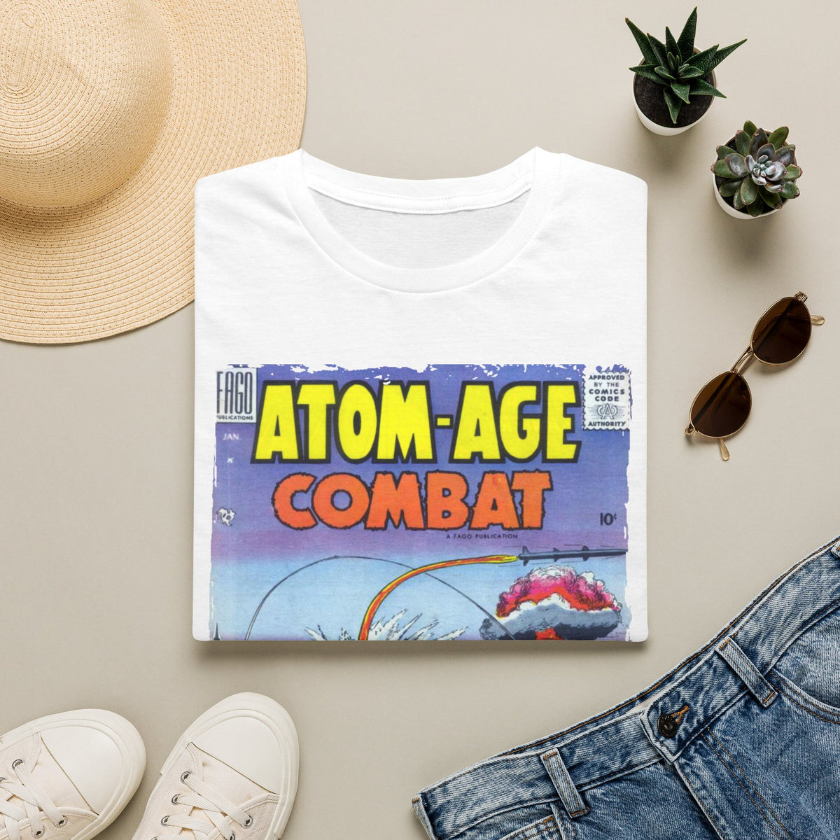 Close-up of the Atom-Age Combat No.2 T-shirt collar showing the reinforced stitching and soft cotton fabric in deep navy