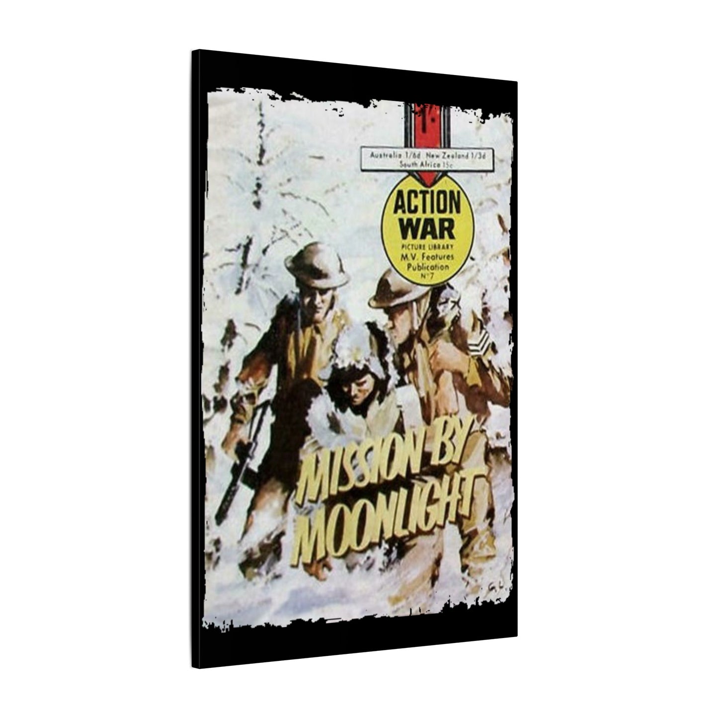 Close-up of the textured canvas surface showcasing detailed brush strokes and vintage-style print elements of Action War #7