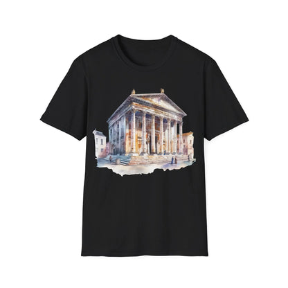 Ancient Bldg 2 unisex softstyle cotton crew neck T-shirt in charcoal, regular fit, DTG printed, men’s and women’s casual