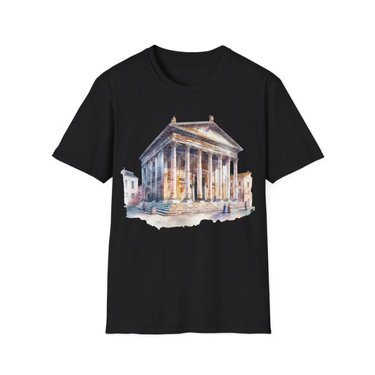 Printify Ancient Bldg 2 unisex softstyle cotton crew neck T-shirt in black with regular fit and short sleeves