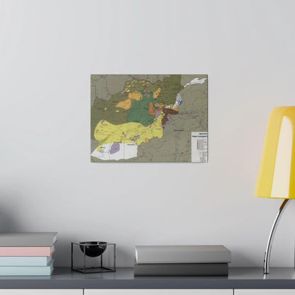 Close-up of detailed map markings highlighting insurgent group locations on the canvas, emphasizing textured print details.