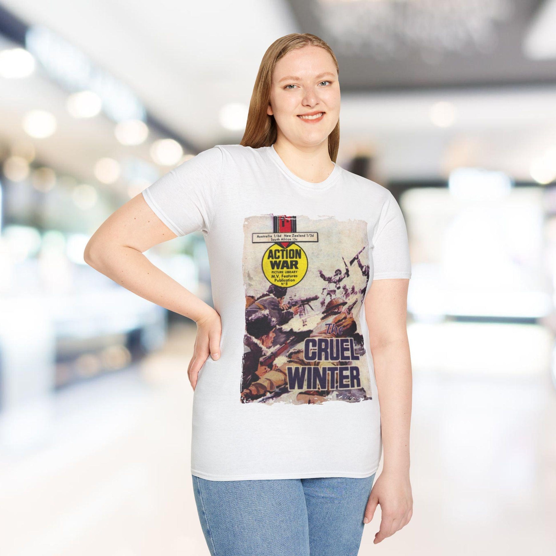 Close-up of the unisex softstyle fabric texture showcasing its smooth, relaxed fit and vibrant black color from a front