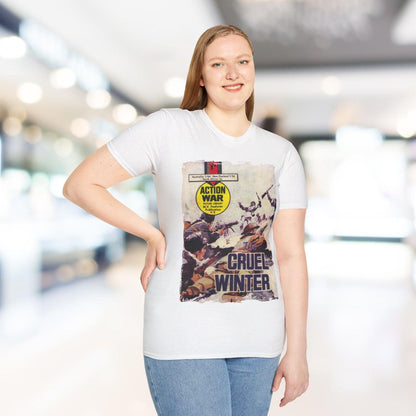 Close-up of the unisex softstyle fabric texture showcasing its smooth, relaxed fit and vibrant black color from a front