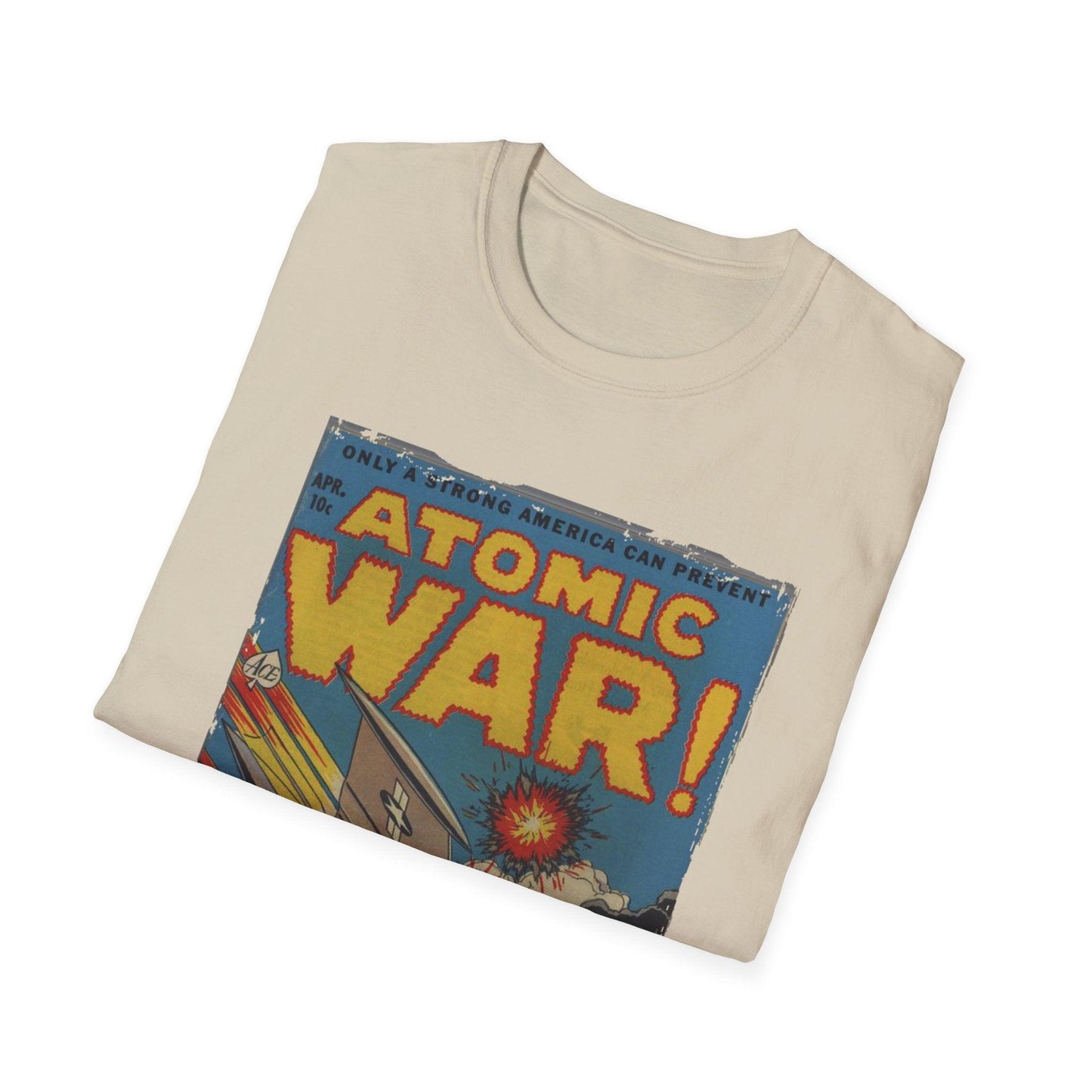 Close-up of the unisex softstyle T-shirt's fabric weave and subtle "Atomic War!" print detail at the lower hem.