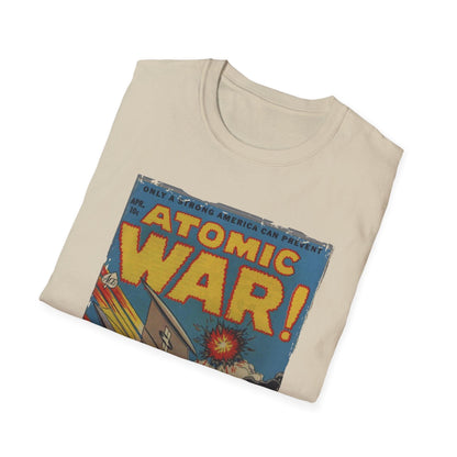 Close-up of the unisex softstyle T-shirt's fabric weave and subtle "Atomic War!" print detail at the lower hem.