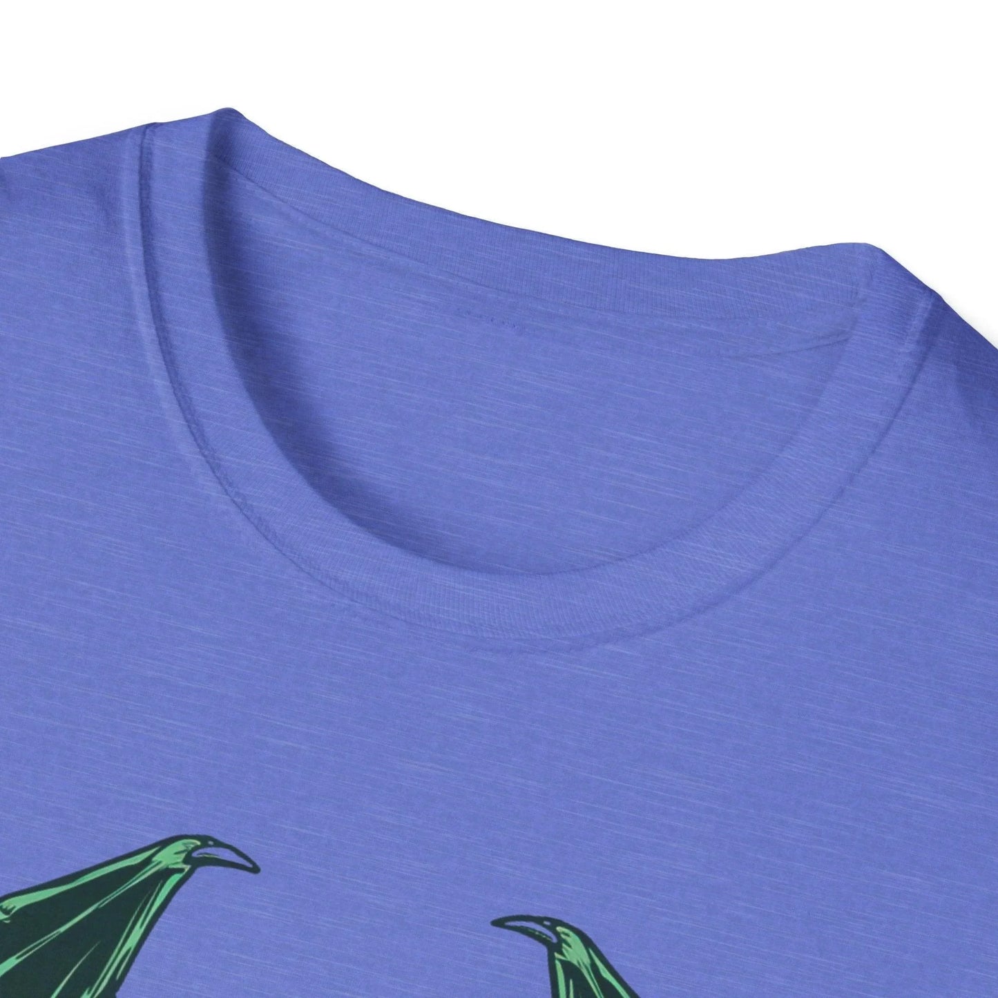 Close-up of Cthulhu graphic print on forest green unisex softstyle T-shirt showing intricate line art and vibrant ink