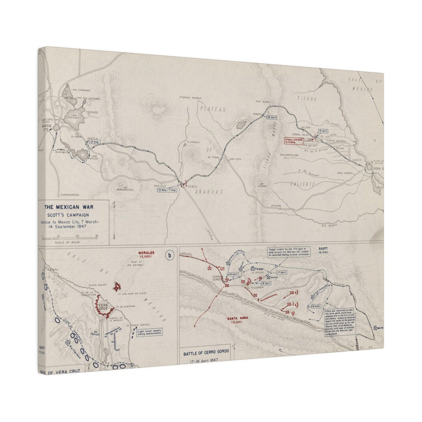 Close-up of canvas texture highlighting detailed brushstrokes and aged finish of the Mexican War Scott’s Campaign artwork.