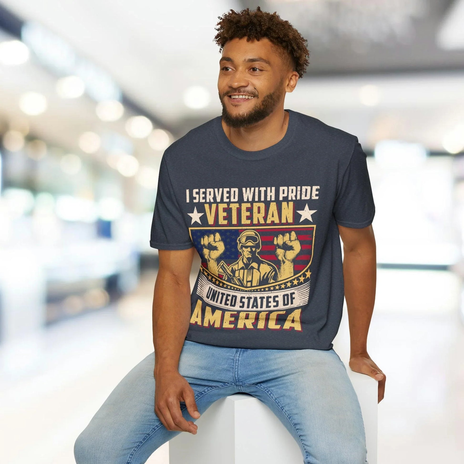 Close-up of the navy blue Unisex Softstyle T-Shirt's stitched collar and smooth fabric texture from a slight overhead angle.