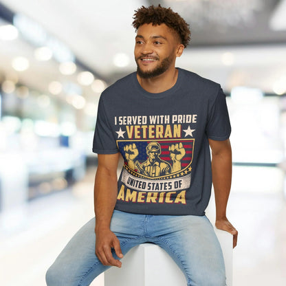 Close-up of the navy blue Unisex Softstyle T-Shirt's stitched collar and smooth fabric texture from a slight overhead angle.