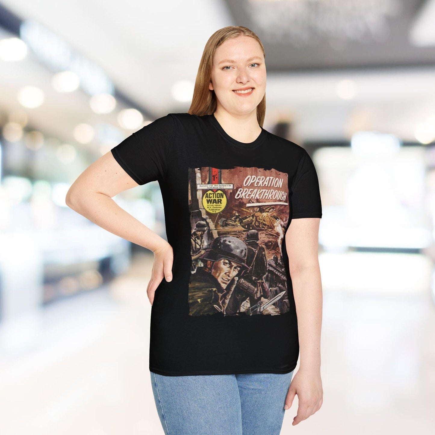 Close-up of the unisex softstyle T-shirt's fabric weave and subtle texture in heather navy, highlighting the comfortable