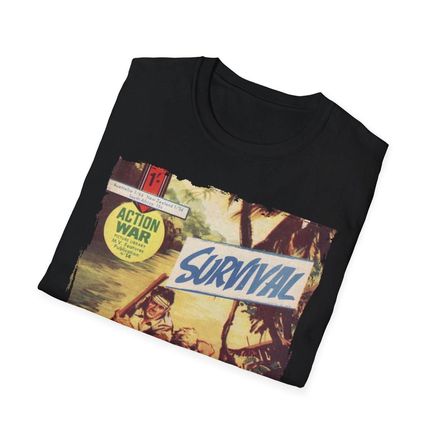 Close-up of the T-shirt’s navy fabric displaying the smooth, lightweight cotton blend and the classic crew neckline from an