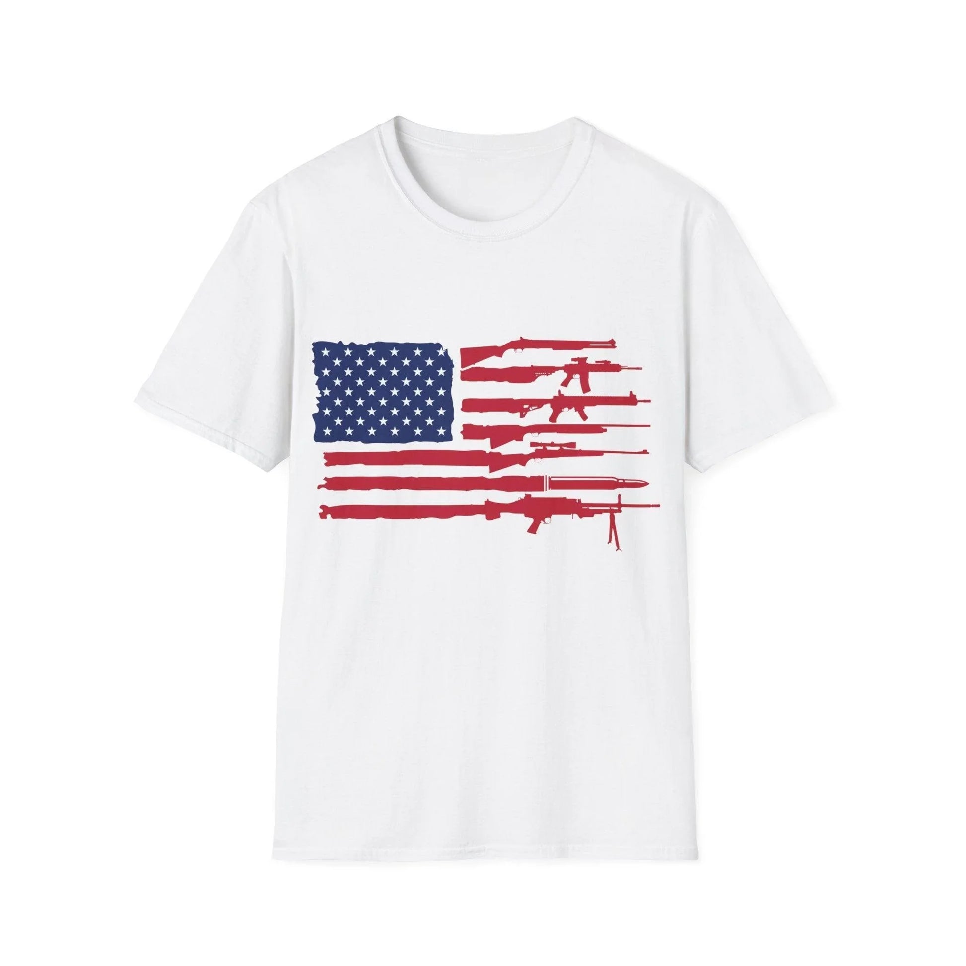 Printify unisex softstyle T-shirt with American flag guns graphic, cotton fabric, crew neck, regular fit, short sleeves