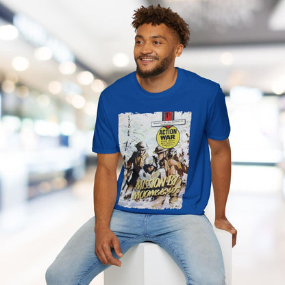 Close-up of the unisex softstyle T-shirt’s chest logo embroidery on black cotton fabric, highlighting textured stitching and