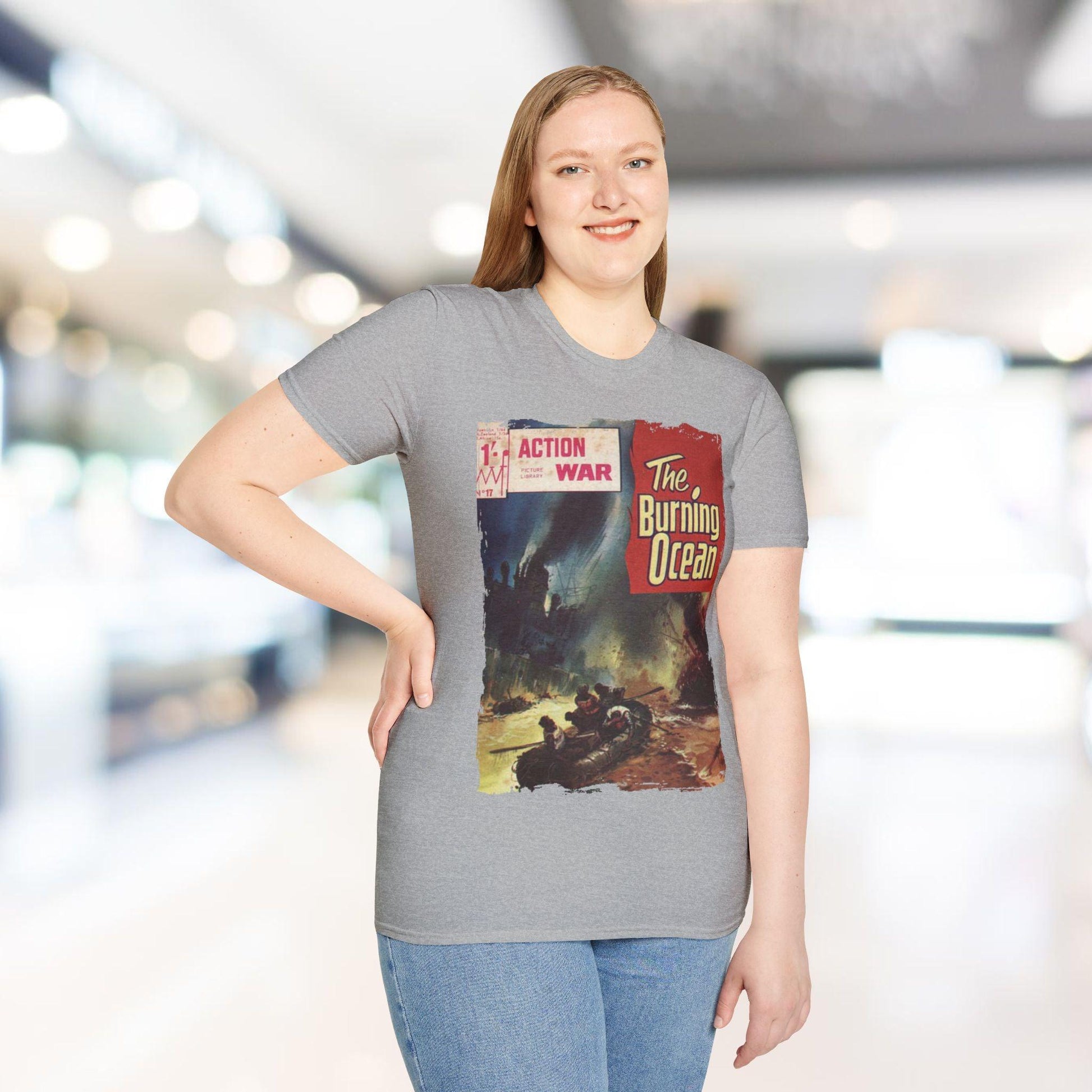 Close-up of the unisex softstyle T-shirt's stitched crew neckline in vibrant crimson color, highlighting smooth fabric