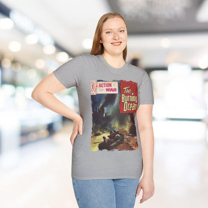 Close-up of the unisex softstyle T-shirt's stitched crew neckline in vibrant crimson color, highlighting smooth fabric