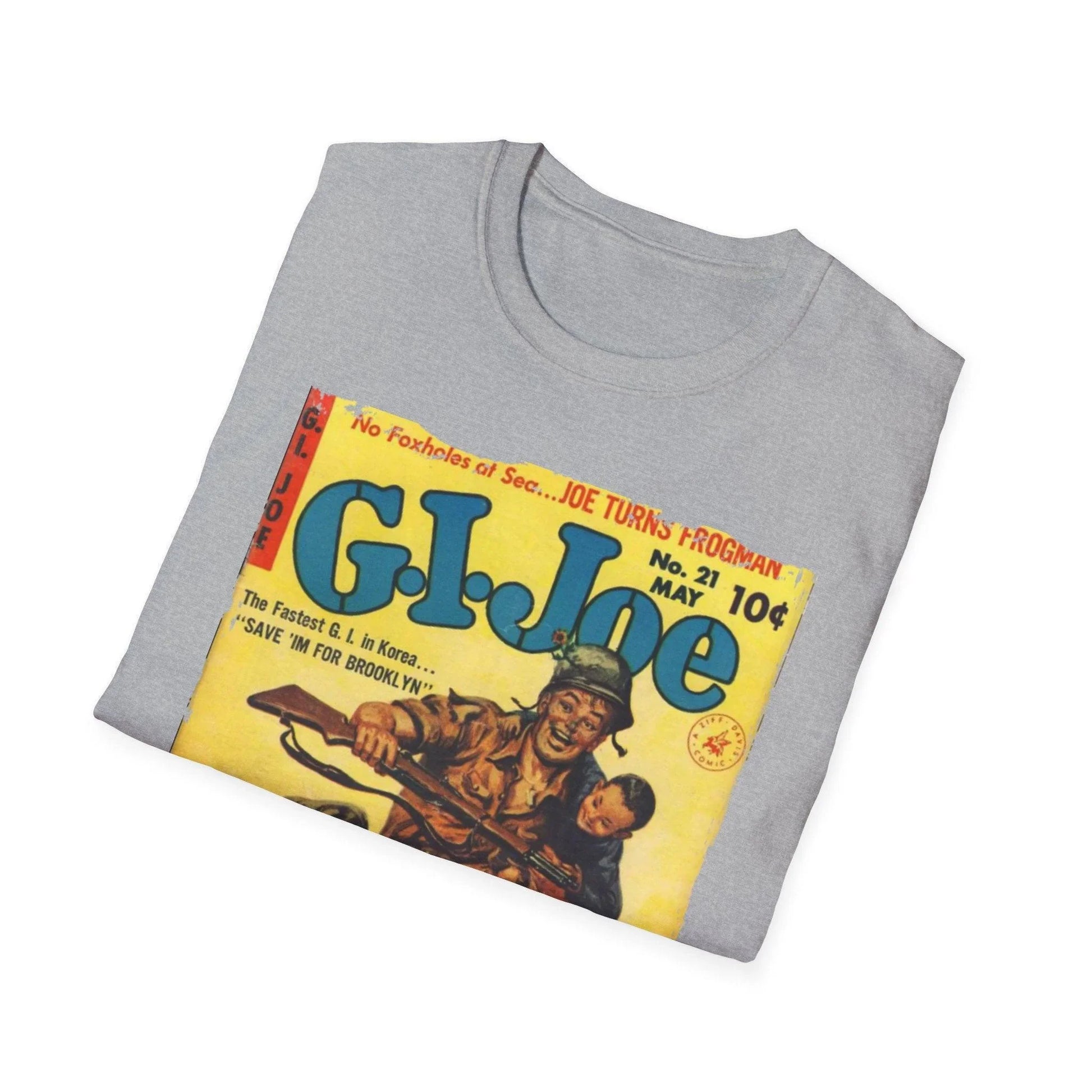 Close-up of the G.I. Joe No.21 unisex softstyle T-shirt fabric showing smooth relaxed fit and heather navy color detail on