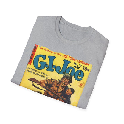 Close-up of the G.I. Joe No.21 unisex softstyle T-shirt fabric showing smooth relaxed fit and heather navy color detail on