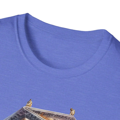 Close-up of the soft cotton fabric highlighting the smooth, relaxed fit and heather navy color of the Ancient Bldg 2 unisex