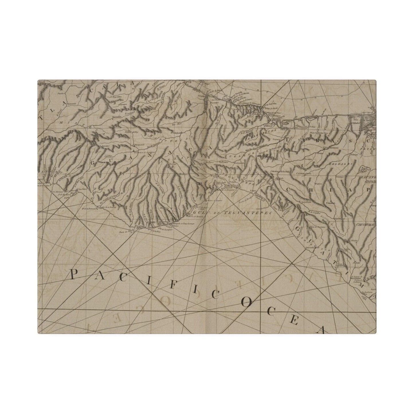 Close-up of the textured canvas surface highlighting subtle brushstrokes and warm earthy tones of the Coast of New Spain art