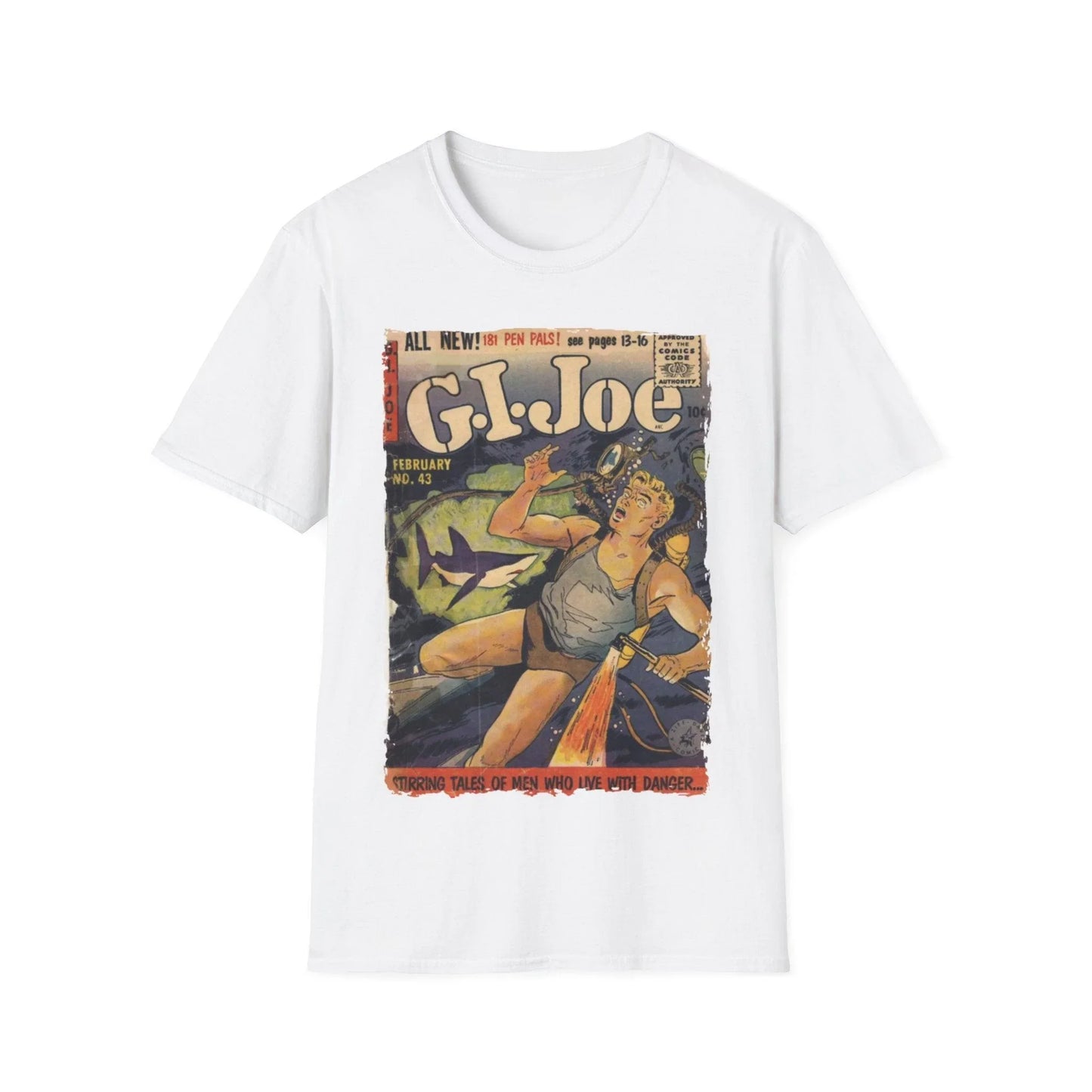 Close-up of the G.I. Joe No.43 softstyle T-shirt's neckline stitching and relaxed fit fabric in olive green from a front