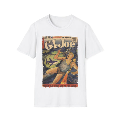 Close-up of the G.I. Joe No.43 softstyle T-shirt's neckline stitching and relaxed fit fabric in olive green from a front