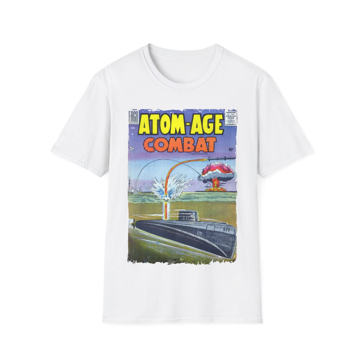Close-up of the Atom-Age Combat No.2 unisex softstyle T-shirt neckline showcasing smooth fabric texture and double-stitched