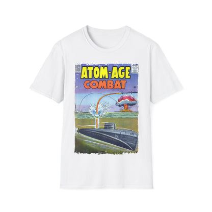 Close-up of the Atom-Age Combat No.2 unisex softstyle T-shirt neckline showcasing smooth fabric texture and double-stitched