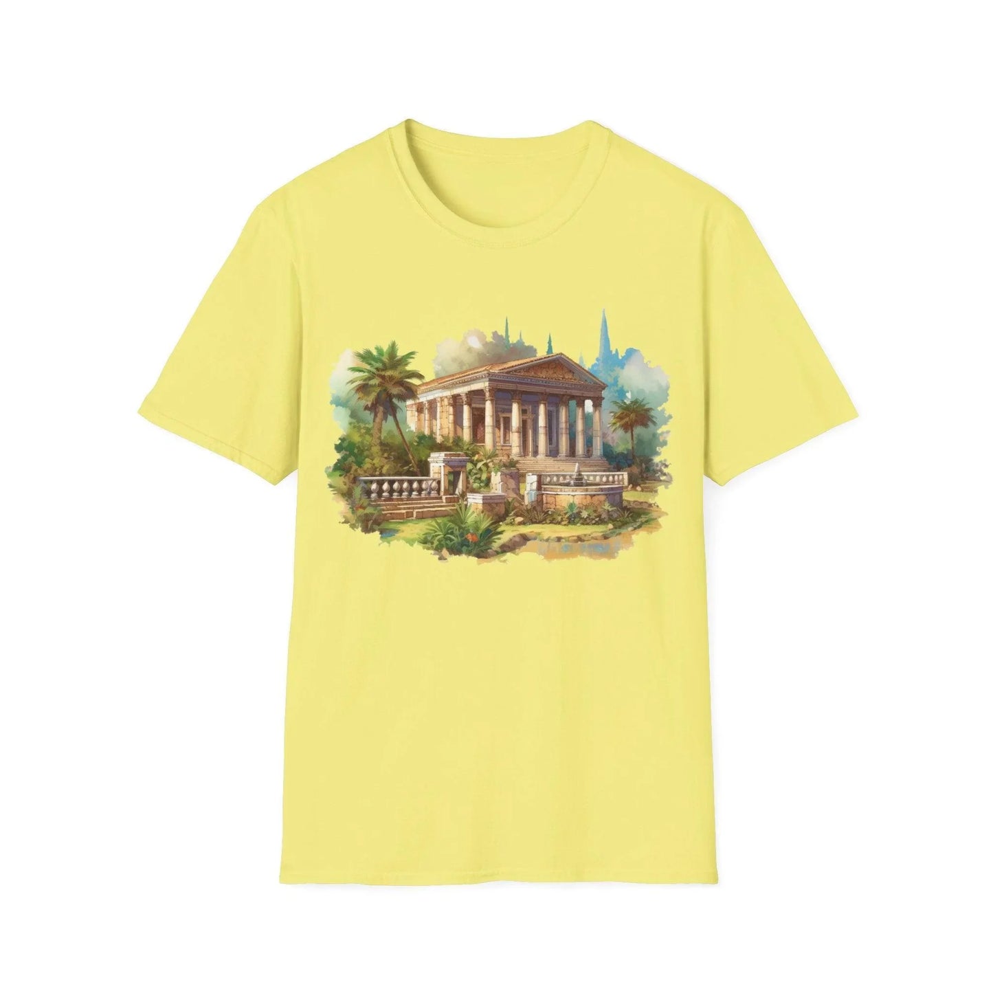 Close-up of the unisex softstyle T-shirt’s crew neckline and subtle stitching detail in heather gray fabric.