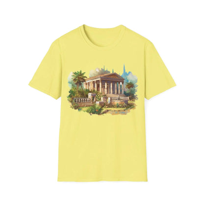 Close-up of the unisex softstyle T-shirt’s crew neckline and subtle stitching detail in heather gray fabric.