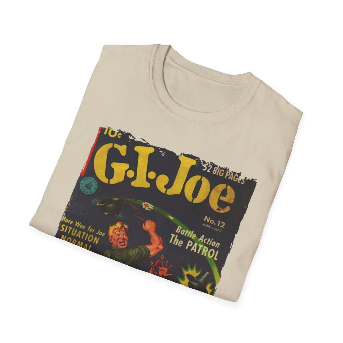 Close-up of the G.I. Joe No.12 unisex softstyle T-shirt's printed graphic on the front chest area, showing vibrant colors