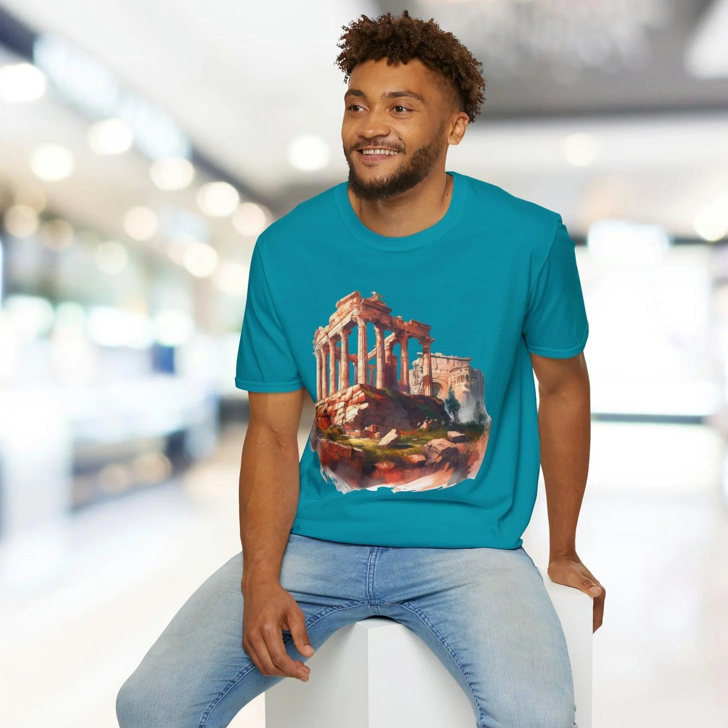 Close-up of the unisex softstyle T-shirt fabric showing smooth, relaxed fit with visible fine-knit texture and subtle color