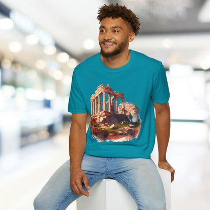 Close-up of the unisex softstyle T-shirt fabric showing smooth, relaxed fit with visible fine-knit texture and subtle color