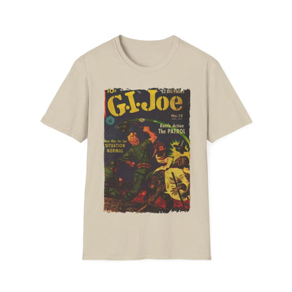 Close-up of the G.I. Joe No.12 softstyle T-shirt’s navy color fabric showing smooth cotton blend texture and reinforced