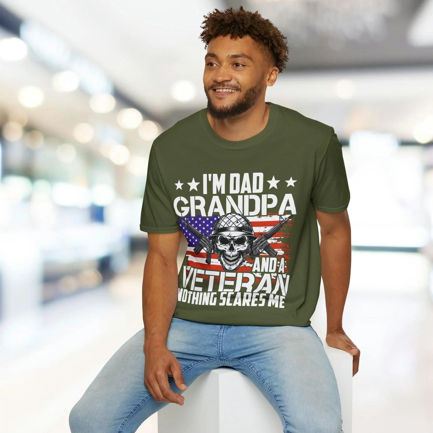 Close-up of the unisex soft blue fabric showing subtle heather texture and reinforced neckline stitching detail.