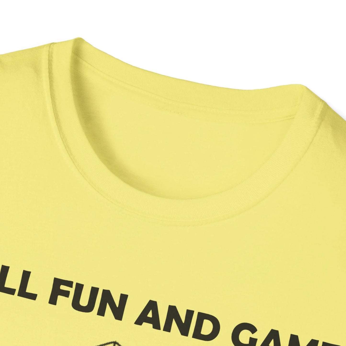 Close-up of black cotton fabric showing smooth texture and reinforced stitching along the relaxed neckline and short sleeves.