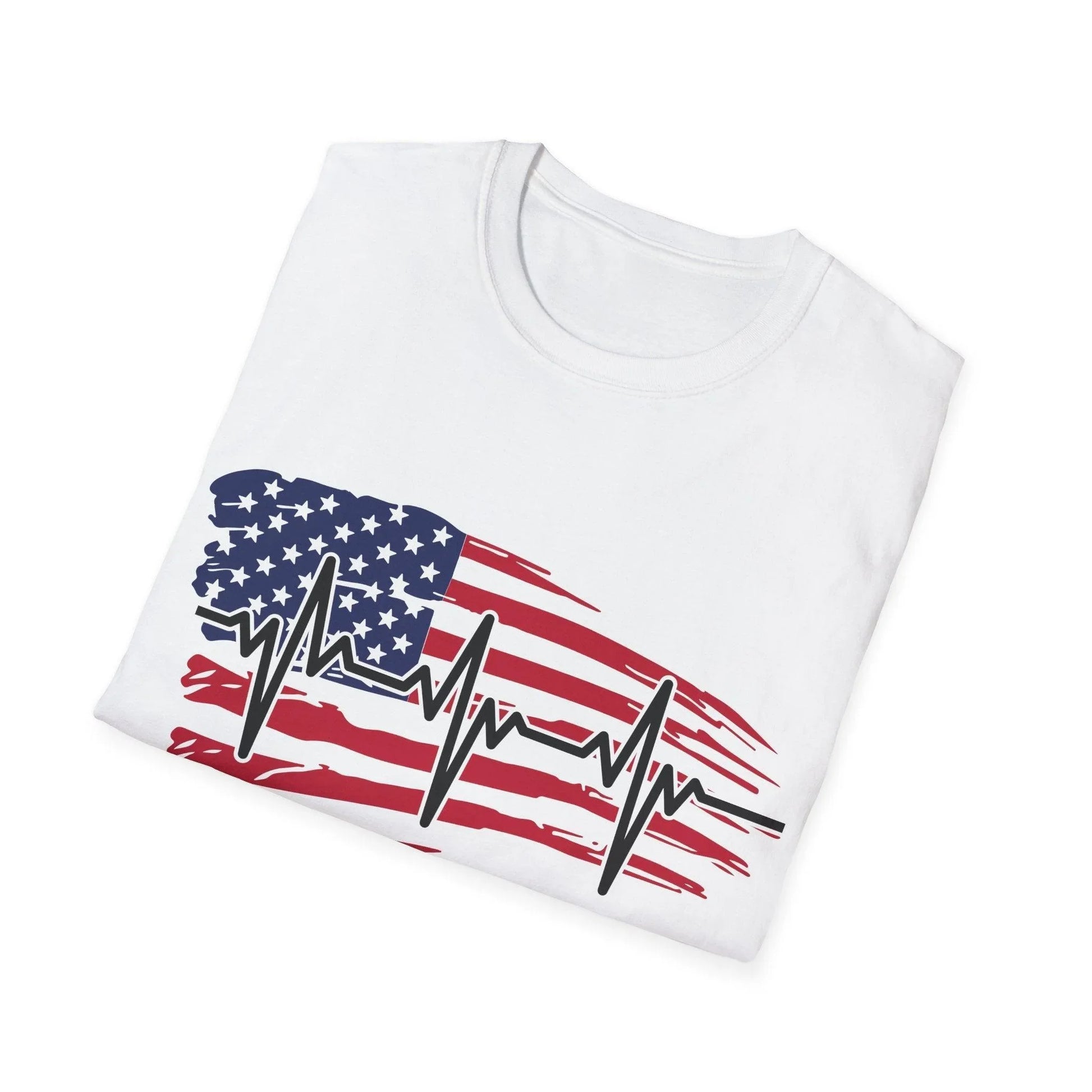 Close-up of distressed flag heartbeat graphic on soft cotton fabric, showcasing vibrant colors and textured print detail on