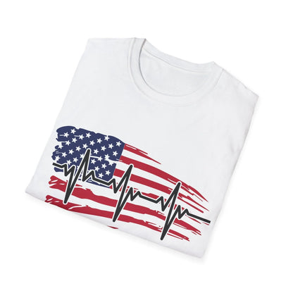 Close-up of distressed flag heartbeat graphic on soft cotton fabric, showcasing vibrant colors and textured print detail on