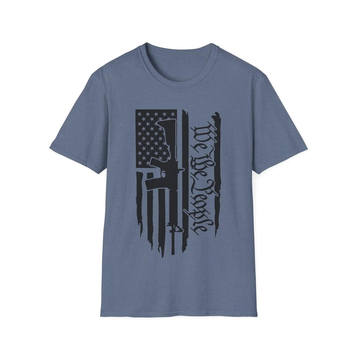 Close-up of distressed black and white American flag graphic on soft, slim-fit T-shirt displaying detailed fabric texture