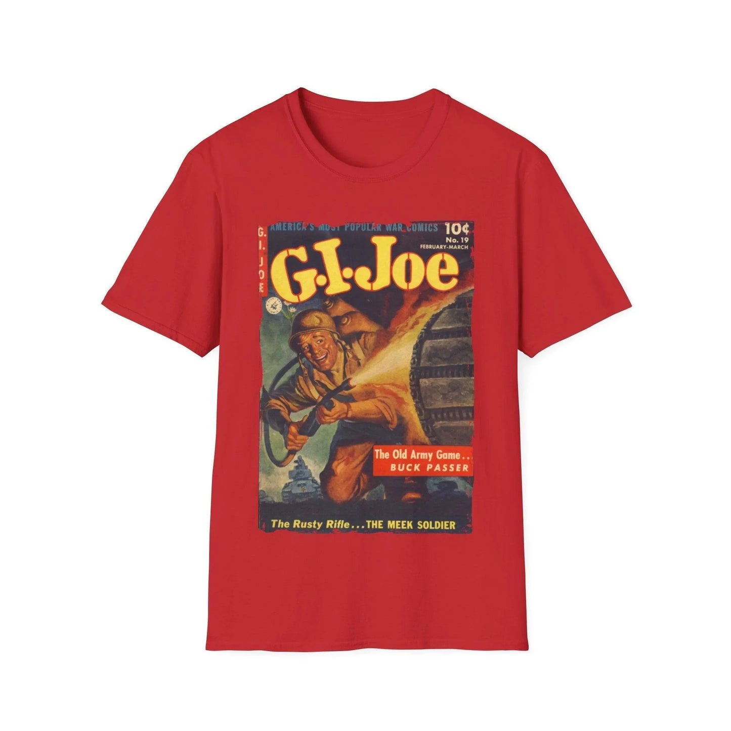 Close-up of the G.I. Joe No.19 softstyle T-shirt’s fabric weave showing smooth cotton-poly blend texture from a slightly