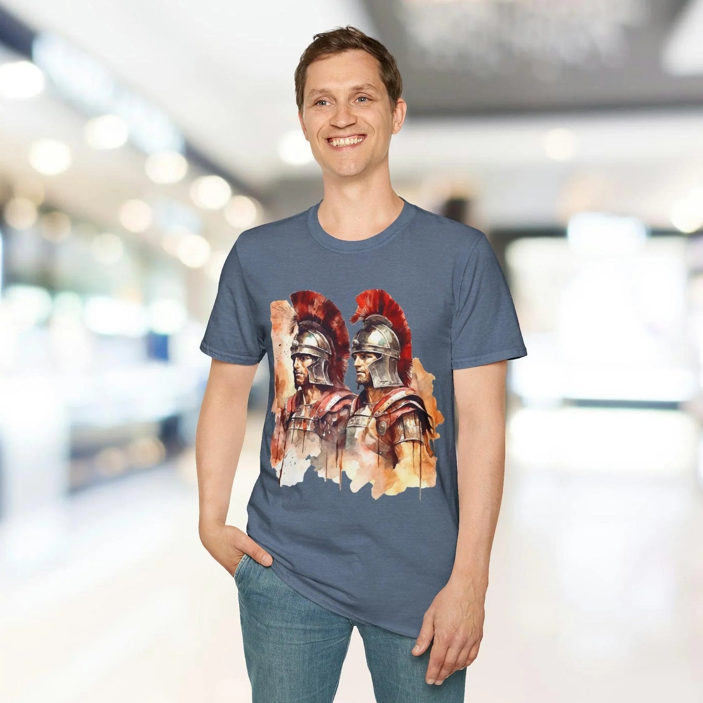 Close-up of the unisex softstyle fabric showing smooth texture and relaxed fit in deep navy, highlighting subtle stitching