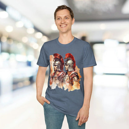 Close-up of the unisex softstyle fabric showing smooth texture and relaxed fit in deep navy, highlighting subtle stitching