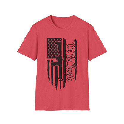 Close-up of distressed black and white American flag pattern on softstyle cotton T-shirt’s back neckline detailing