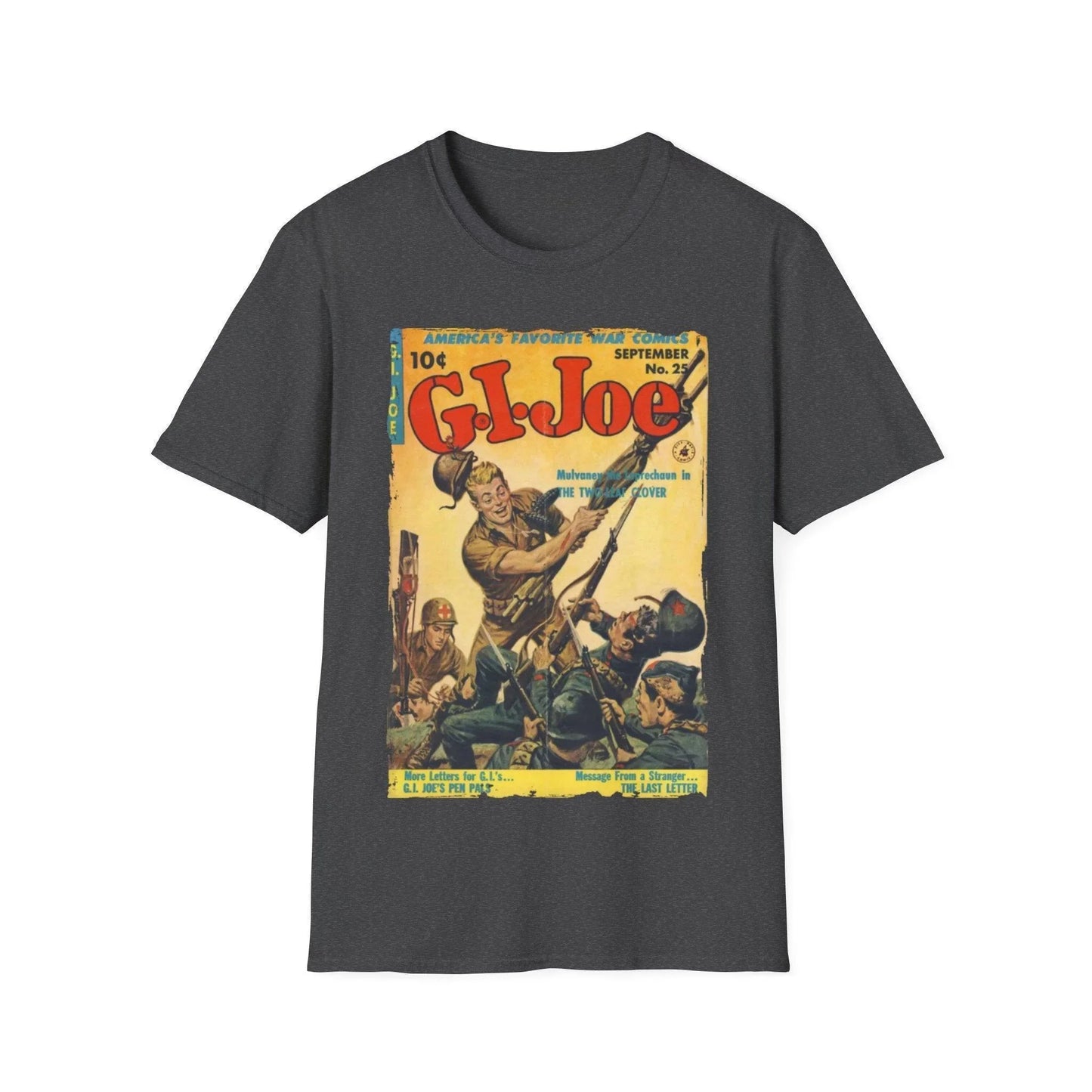 Close-up of the G.I. Joe No.25 softstyle T-shirt fabric displaying its relaxed fit, charcoal gray color, crew neckline, and