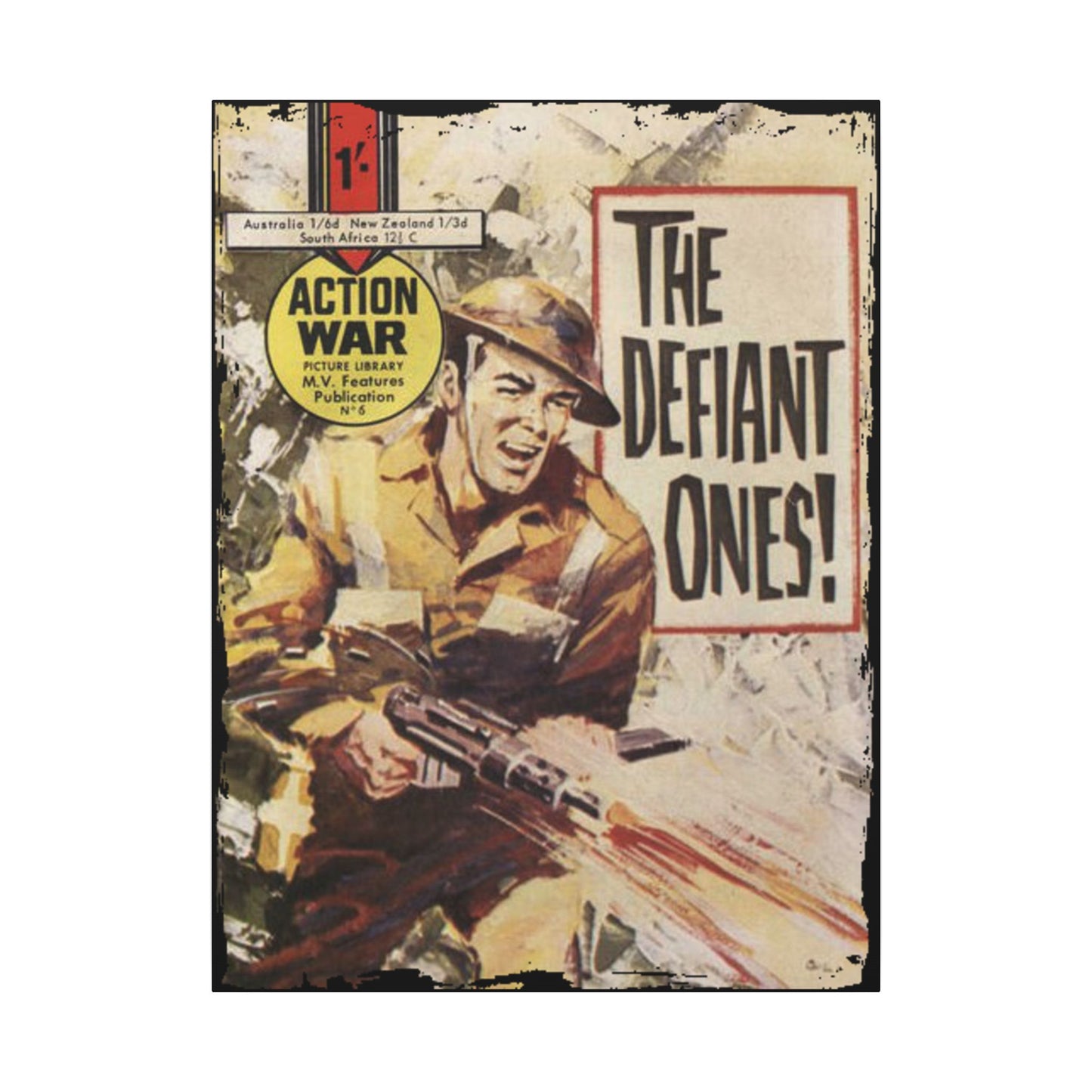 Close-up of the canvas texture highlighting vibrant colors and detailed brushstrokes from the Action War #6 artwork.