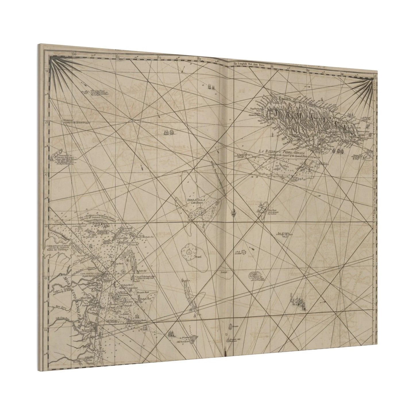 Close-up of vibrant Caribbean map details on the canvas, highlighting the textured coastal lines and colorful island shading.